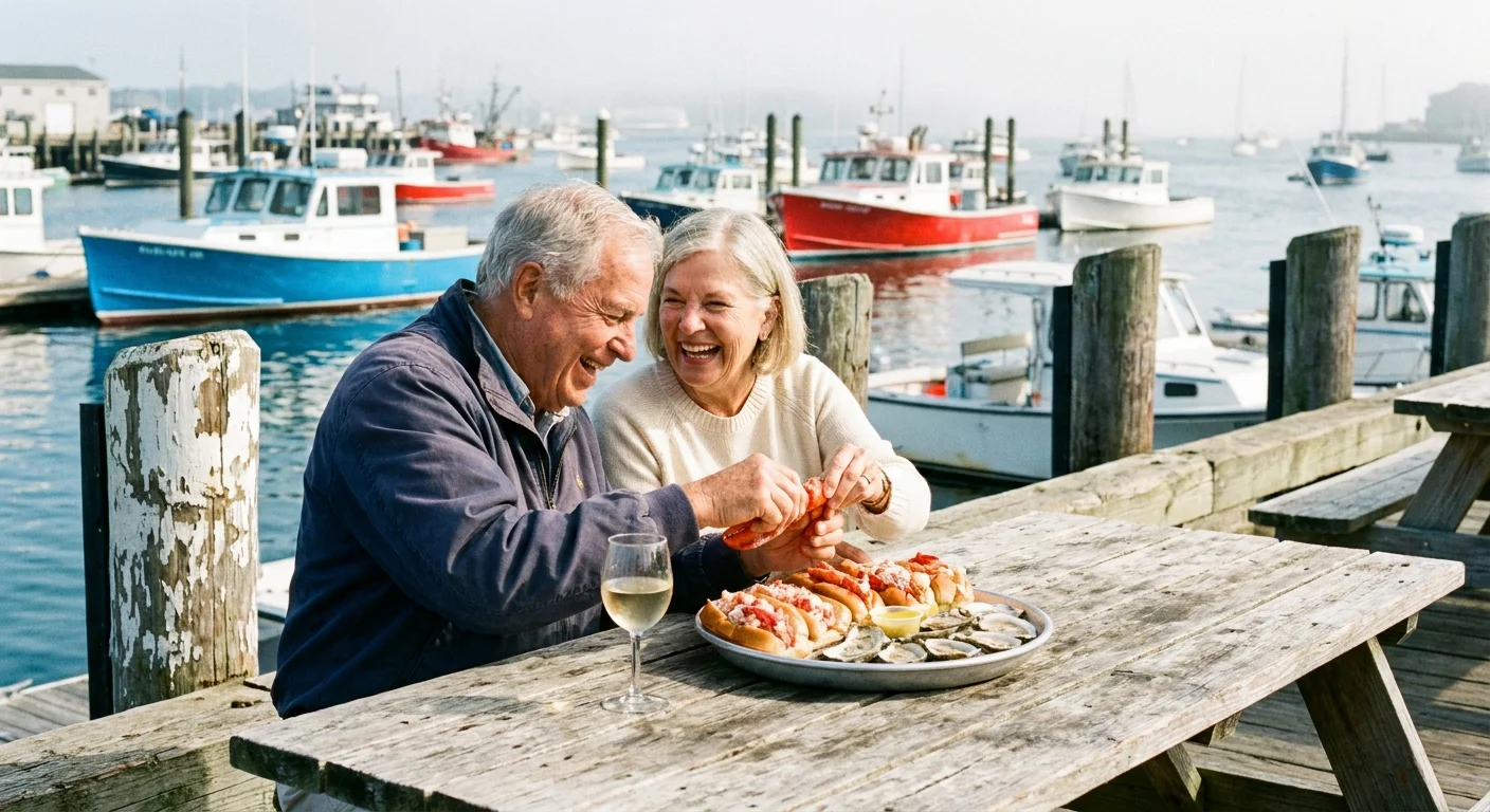 A senior couple enjoying fresh lobster rolls at a harbor-side wharf in Portland, Maine.