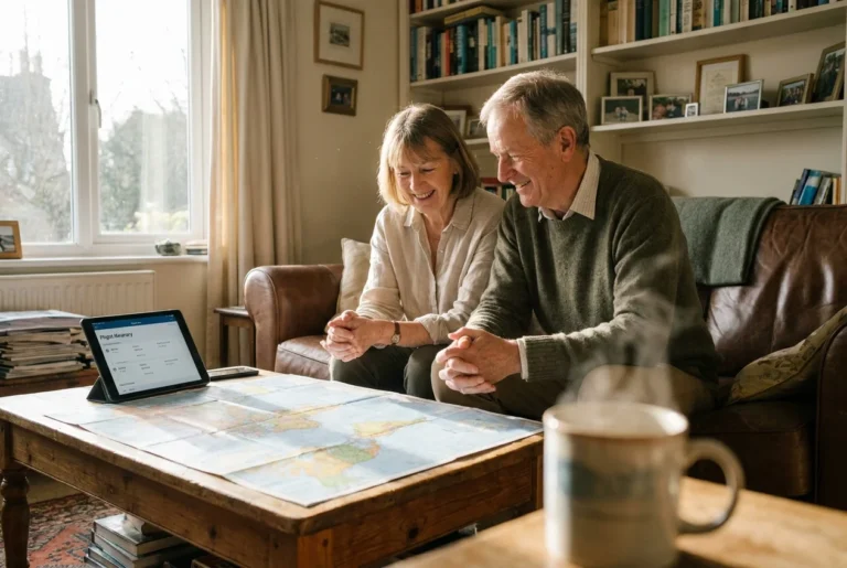 A senior couple planning a trip with a map and tablet in a sunlit, cozy living room, representing a modern approach to retirement.