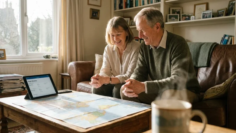 A senior couple planning a trip with a map and tablet in a sunlit, cozy living room, representing a modern approach to retirement.