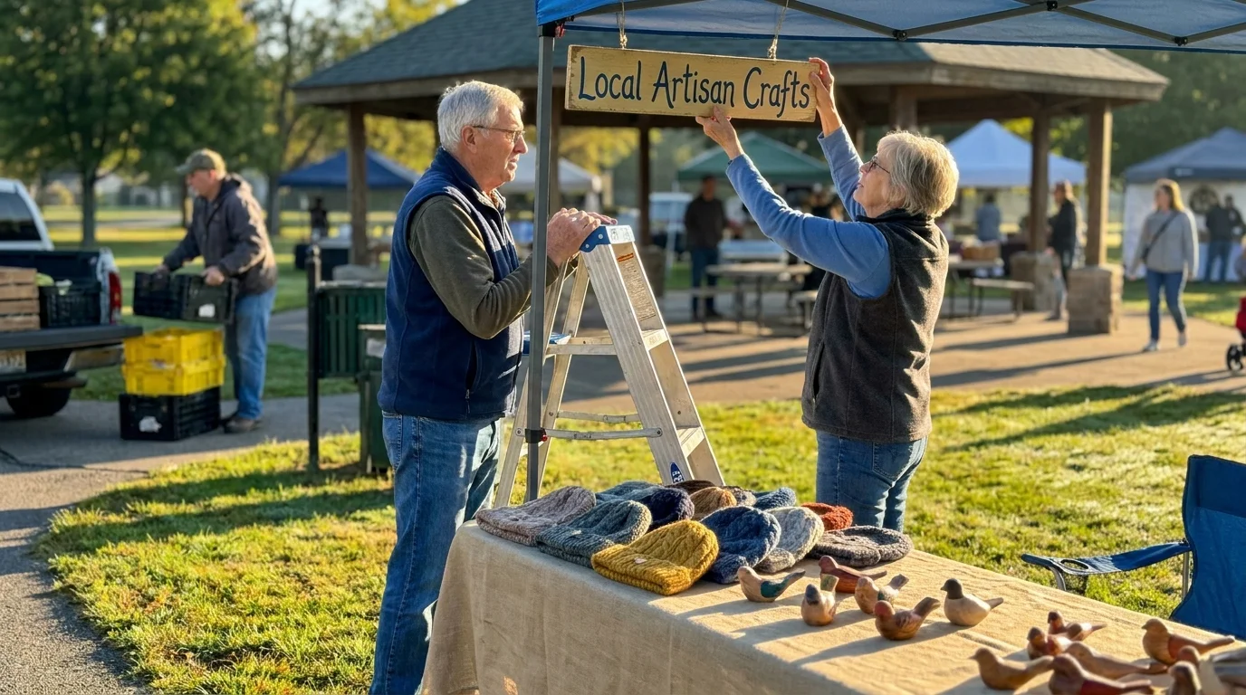 A senior couple sets up a vendor booth at an outdoor community market on a sunny morning.