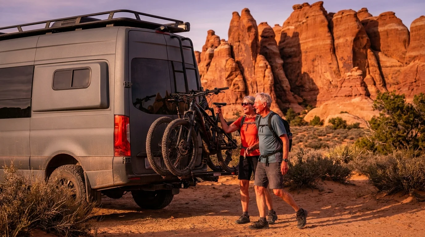 A senior couple unloading e-bikes from their adventure van in front of massive red rock formations in Moab.