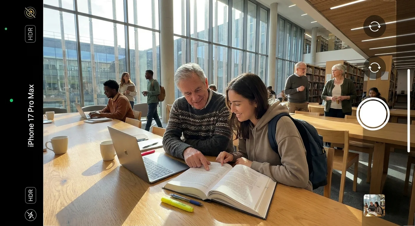 A senior man and a young college student study together at a library table in a University-Based Retirement Community.