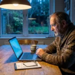 A senior man at a kitchen table early in the morning, looking at a laptop with a financial graph, representing proactive retirement planning