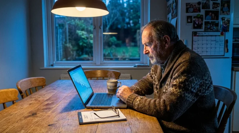 A senior man at a kitchen table early in the morning, looking at a laptop with a financial graph, representing proactive retirement planning