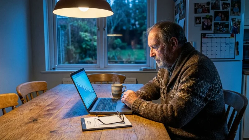 A senior man at a kitchen table early in the morning, looking at a laptop with a financial graph, representing proactive retirement planning