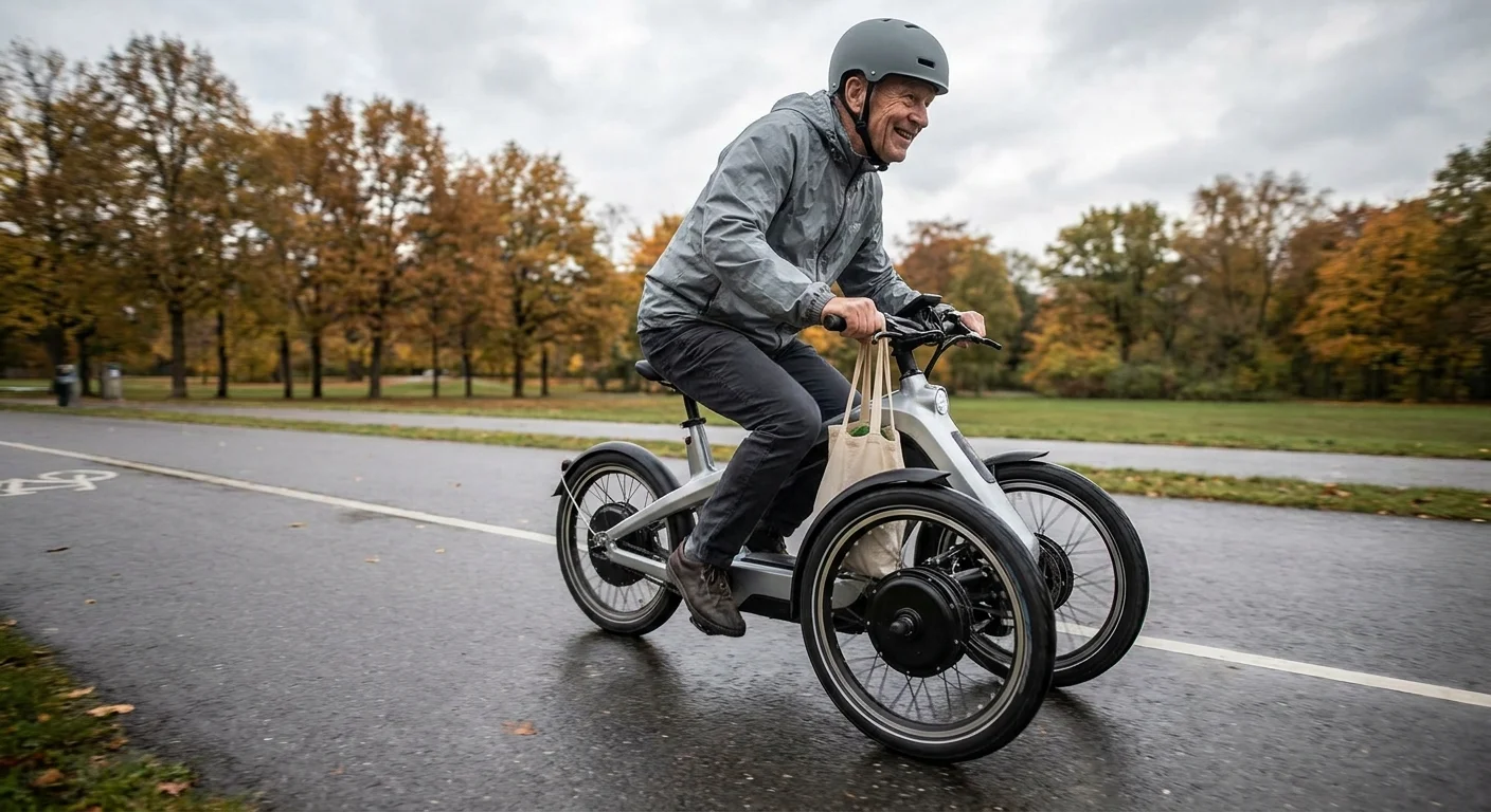A senior man comfortably riding a three-wheeled electric scooter on a park path.