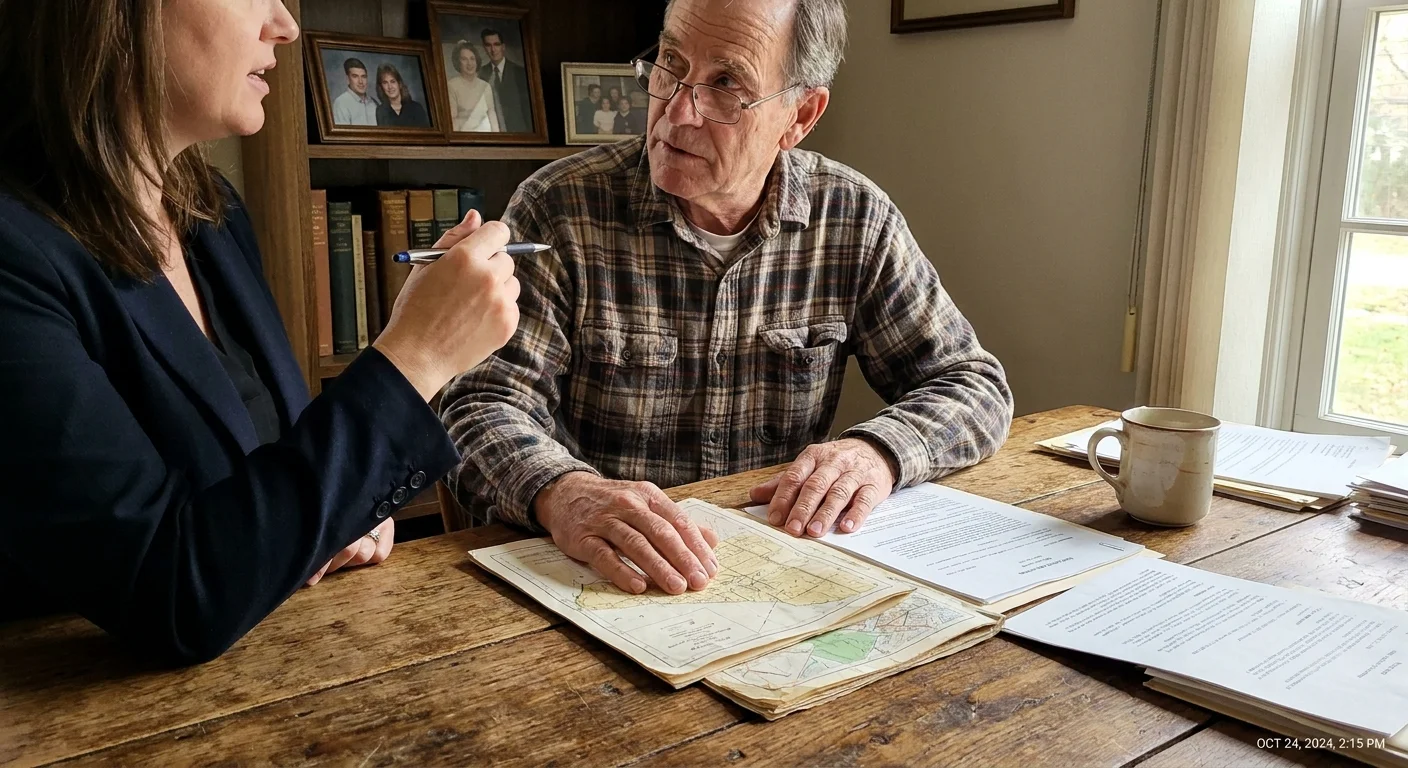 A senior man consults with a professional advisor at his kitchen table, reviewing maps and neighborhood data.