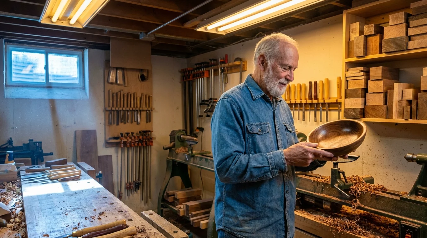 A senior man in a workshop holds a hand-turned wooden bowl, surrounded by woodworking tools and shavings.