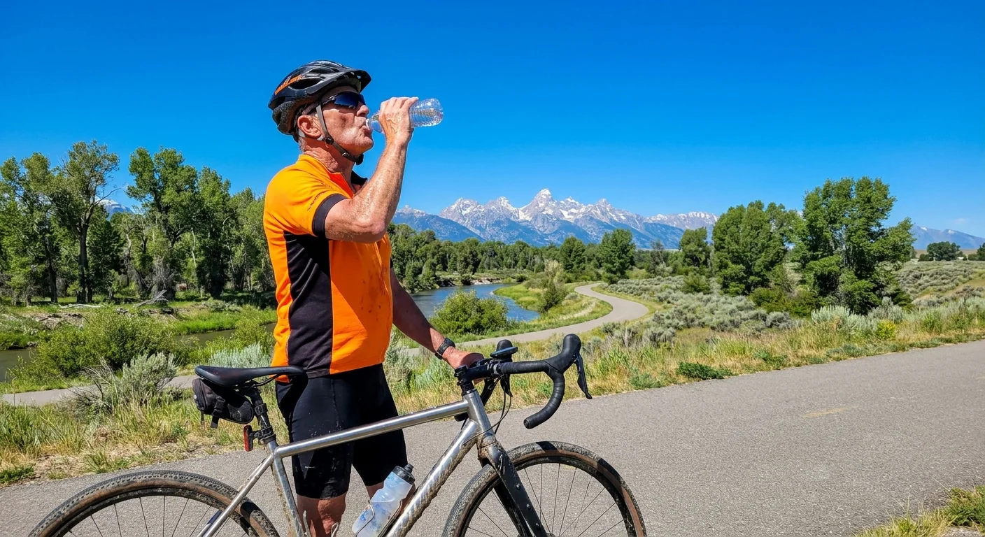 A senior man with a bicycle on a scenic trail in Fort Collins, Colorado, with the Rocky Mountains in the background.