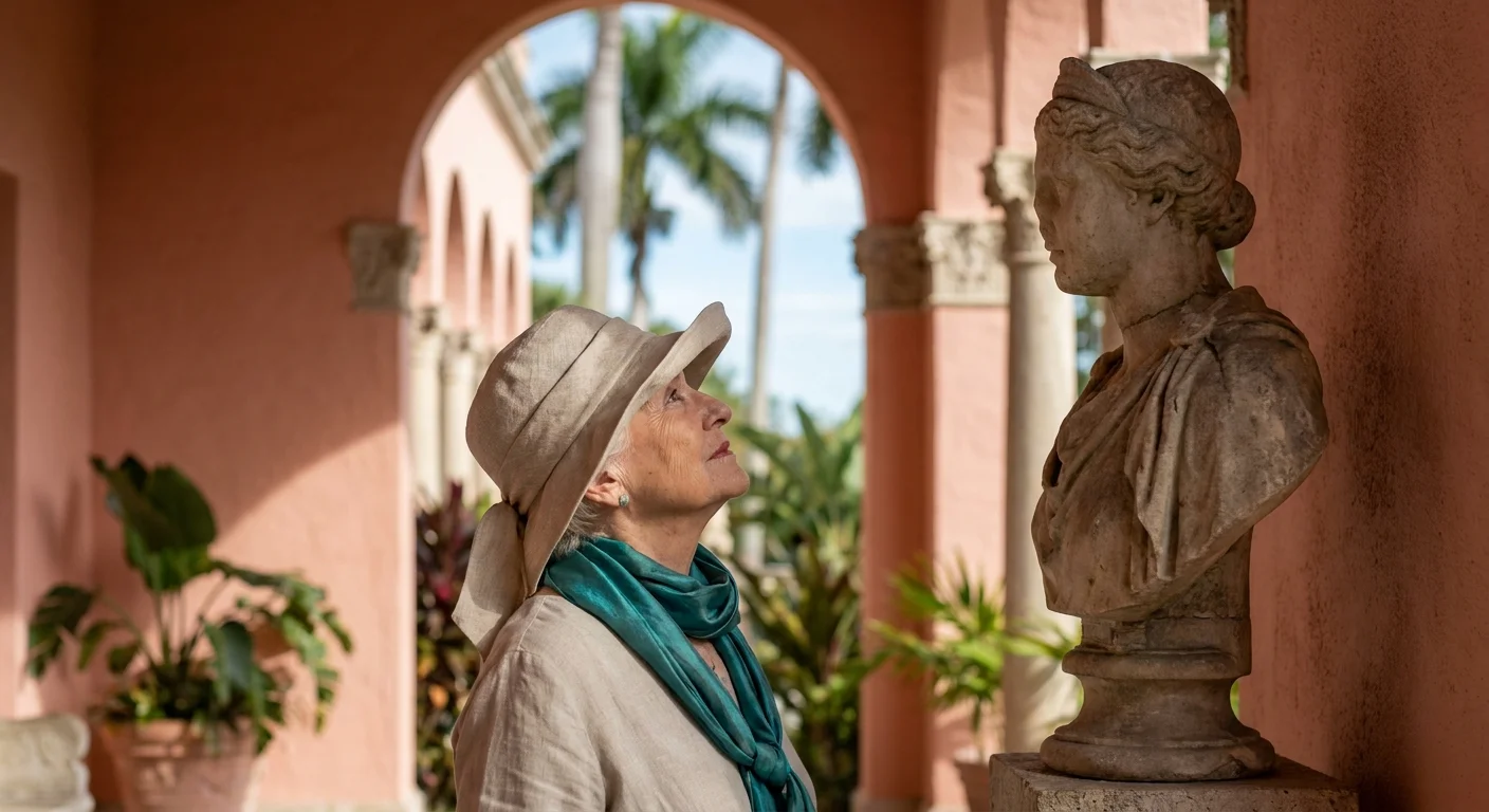 A senior woman exploring the artistic courtyard of The Ringling museum in Sarasota, Florida.