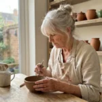A senior woman in a sunlit home studio carves patterns into a ceramic bowl, surrounded by pottery tools and a warm, domestic atmosphere.