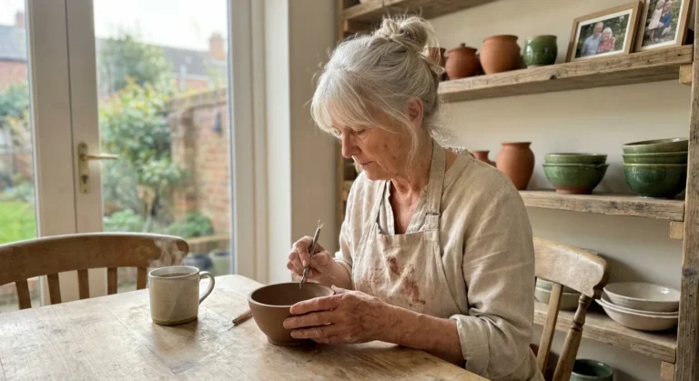 A senior woman in a sunlit home studio carves patterns into a ceramic bowl, surrounded by pottery tools and a warm, domestic atmosphere.