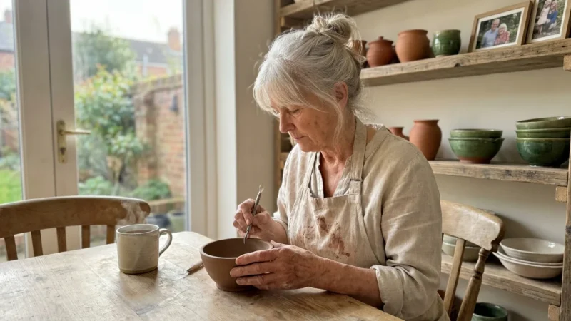 A senior woman in a sunlit home studio carves patterns into a ceramic bowl, surrounded by pottery tools and a warm, domestic atmosphere.