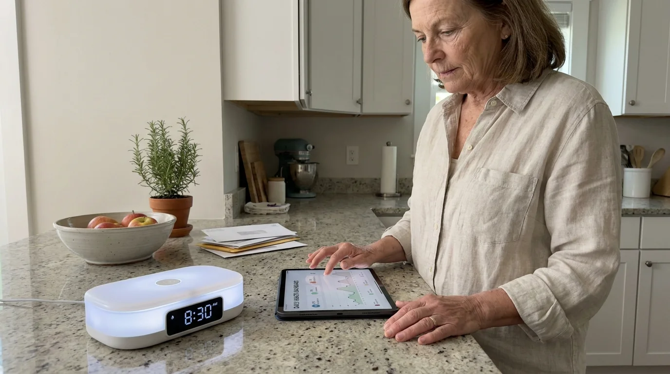 A senior woman in her kitchen using a tablet next to a smart medication dispenser in a sunlit, modern home.