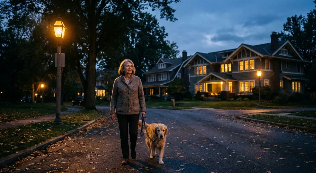A senior woman walks her dog safely at dusk through a well-lit, peaceful suburban neighborhood with glowing street lamps.
