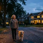 A senior woman walks her dog safely at dusk through a well-lit, peaceful suburban neighborhood with glowing street lamps.