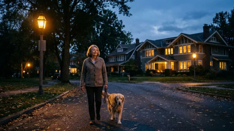 A senior woman walks her dog safely at dusk through a well-lit, peaceful suburban neighborhood with glowing street lamps.