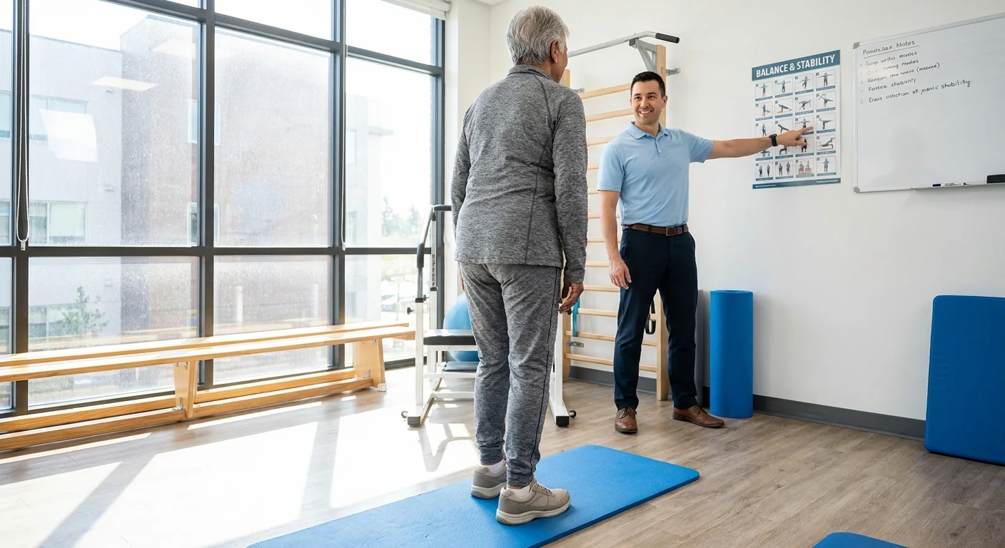 A senior working with a physical therapist on balance exercises in a sunlit gym.