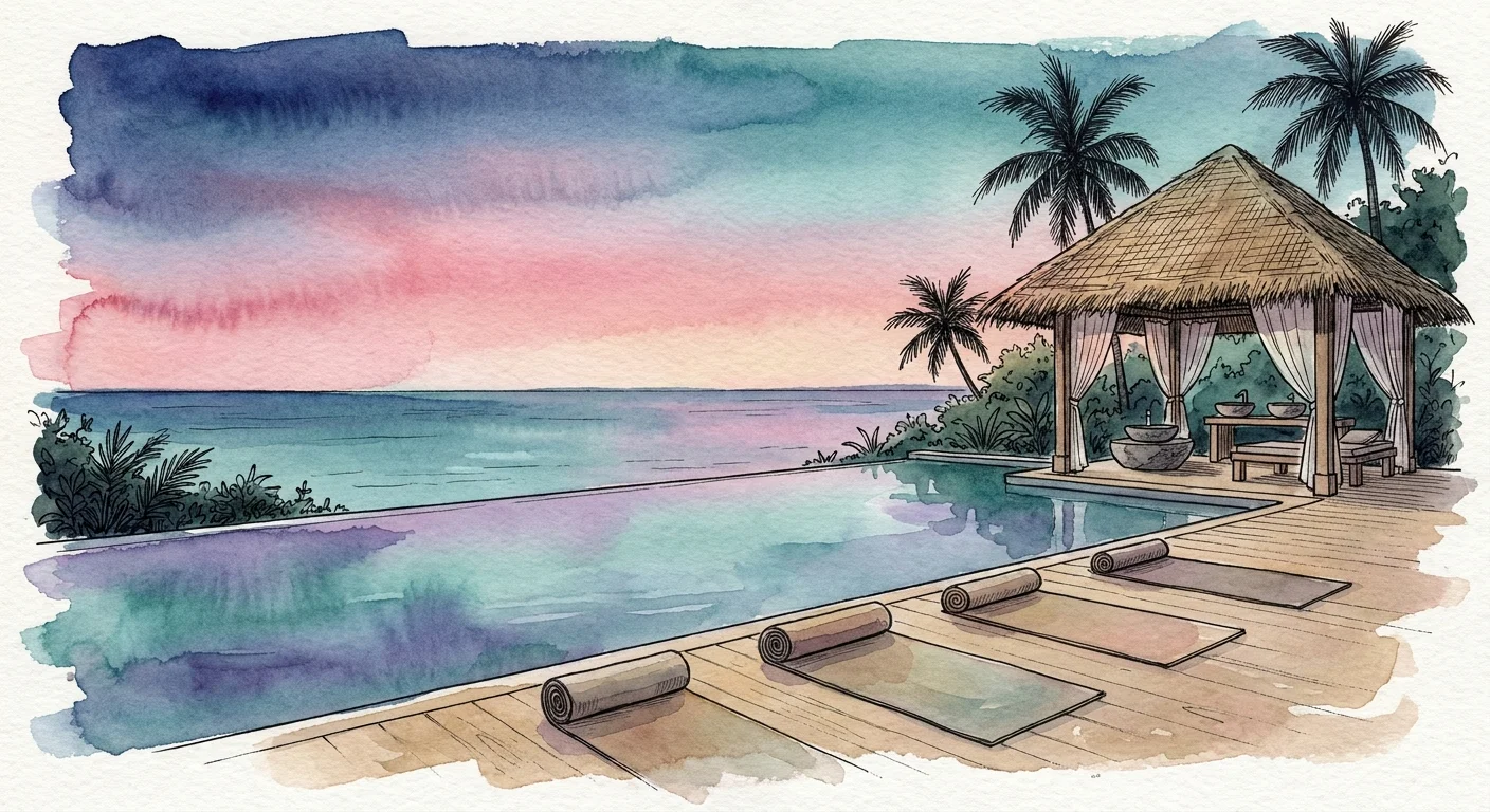 A serene watercolor illustration of an infinity pool at sunset with yoga mats and a spa area.