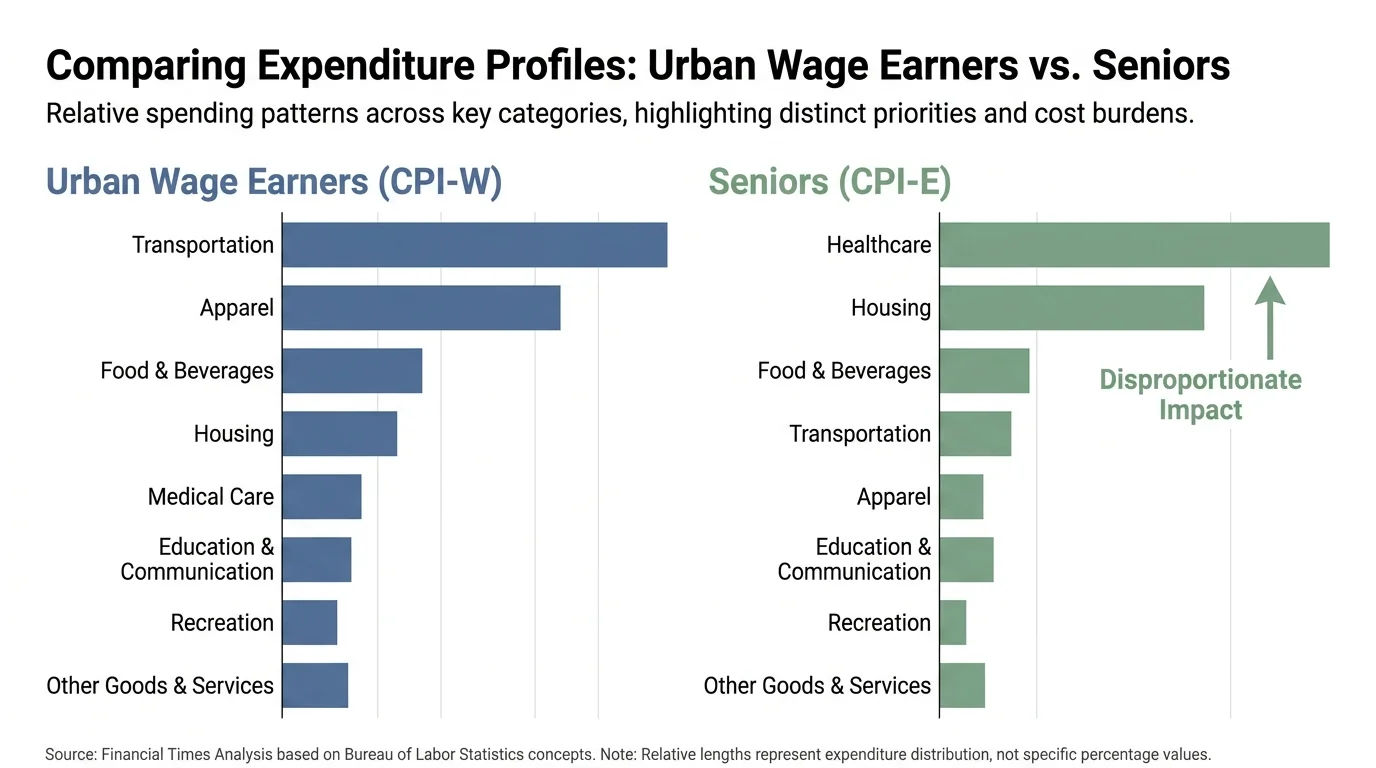 A side-by-side bar chart comparison showing how seniors spend more on healthcare and housing compared to urban wage earners.