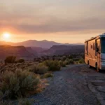 A silver motorhome parked on a scenic desert ridge at sunset, overlooking a vast canyon under a purple and orange sky.