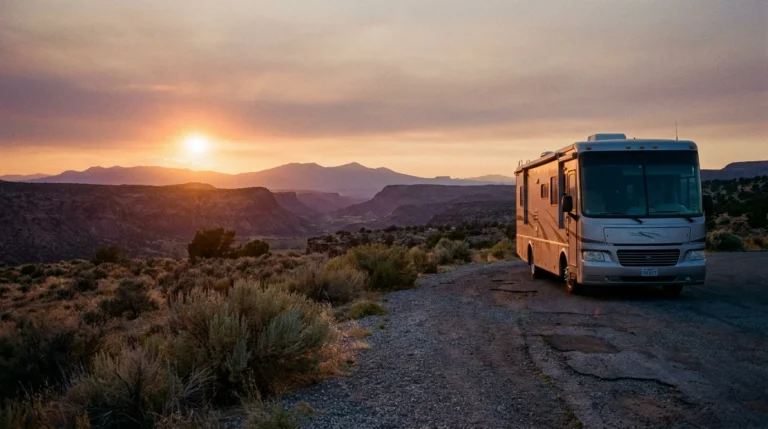 A silver motorhome parked on a scenic desert ridge at sunset, overlooking a vast canyon under a purple and orange sky.