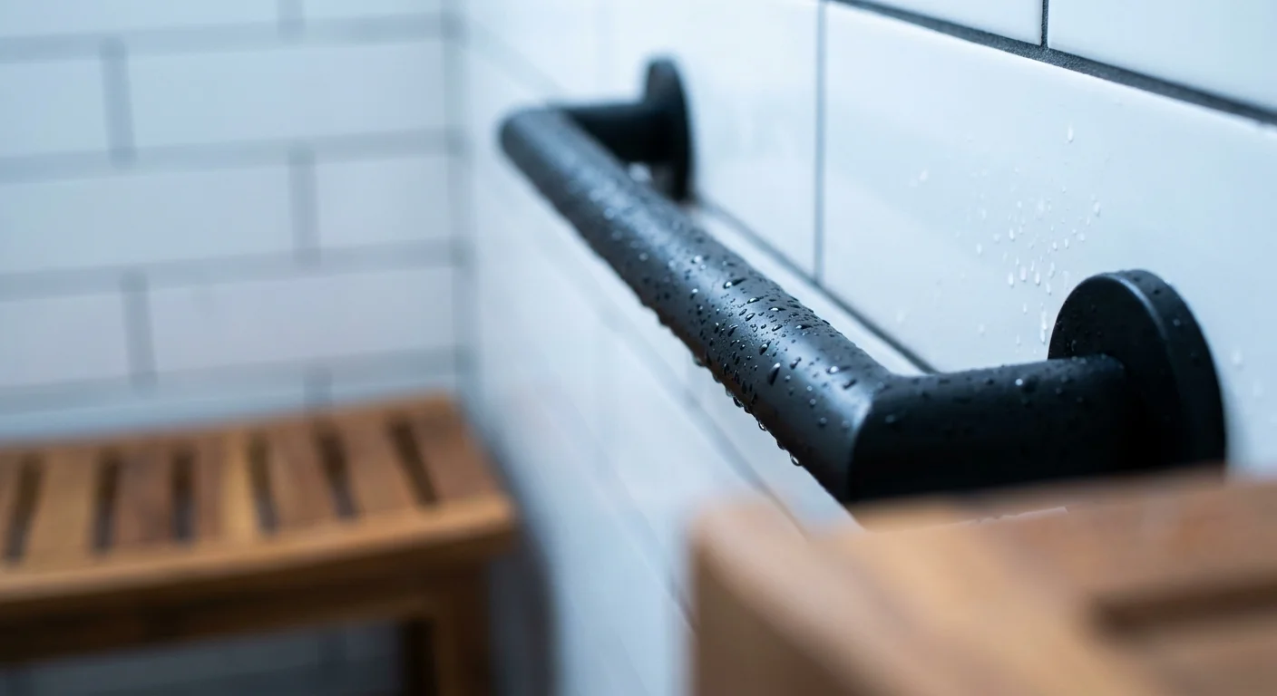 A sleek, modern black grab bar installed in a stylish white-tiled walk-in shower.