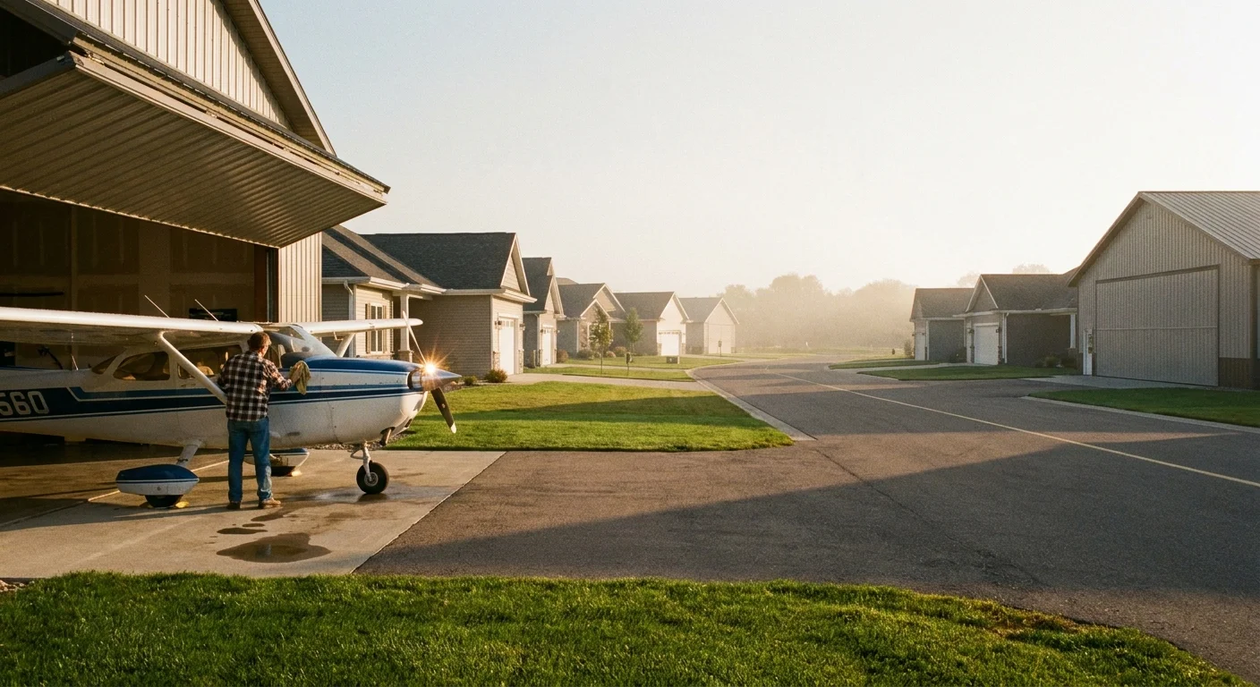 A small private propeller plane parked in a residential hangar-style garage at a fly-in retirement community.