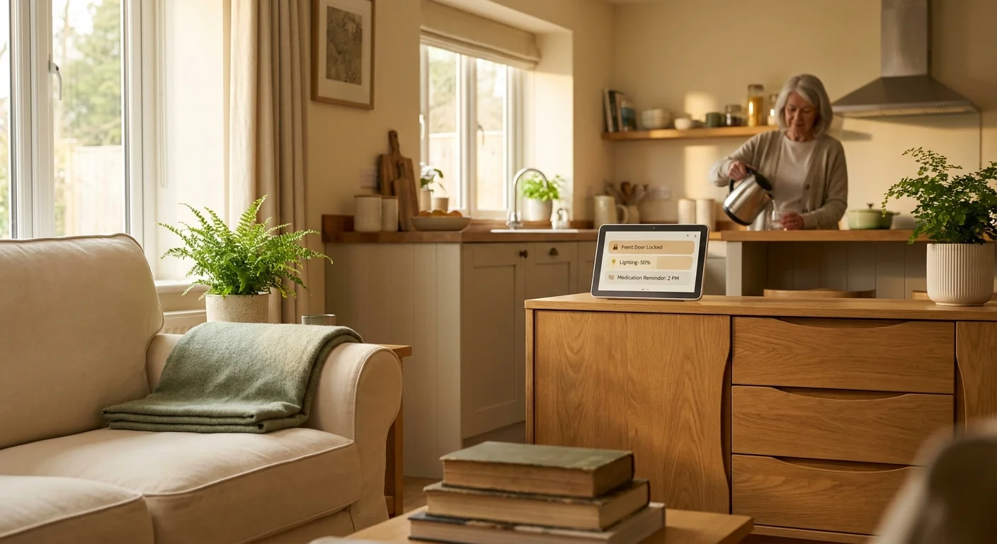 A smart home hub display in a cozy living room showing security and health reminders.