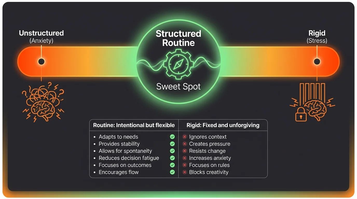 A spectrum diagram showing the balance between a rigid schedule and an unstructured day, highlighting the 'structured routine' middle ground