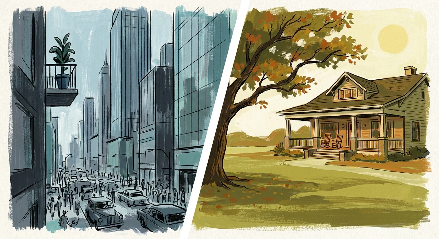 A split illustration comparing a cramped city balcony with a spacious suburban porch and yard.