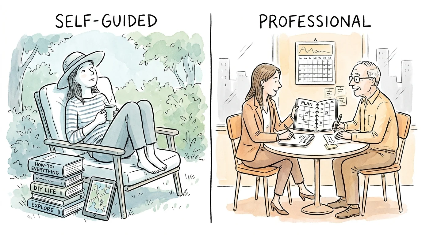 A split-screen illustration showing a woman learning independently from books versus working with a professional advisor.