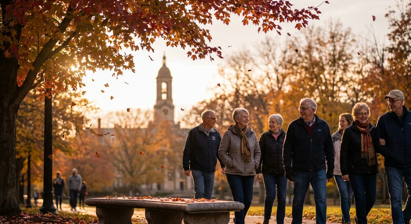 A stone path on the Penn State campus in autumn, with falling leaves and the Old Main tower.
