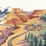 A stylized gouache illustration of a western landscape featuring mountains, red rock mesas, and pine forests under a warm afternoon sun.