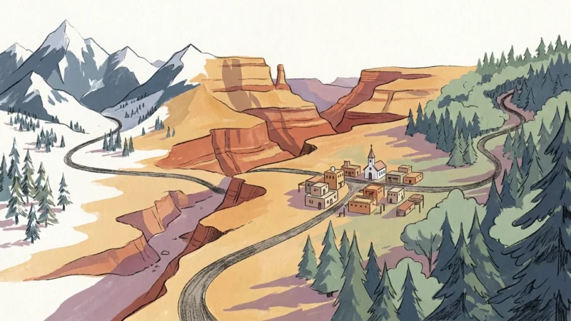A stylized gouache illustration of a western landscape featuring mountains, red rock mesas, and pine forests under a warm afternoon sun.