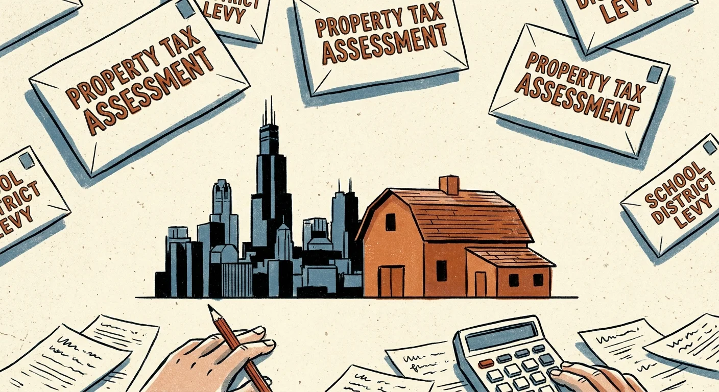 A stylized illustration of Midwestern architecture under a shower of property tax assessment envelopes.
