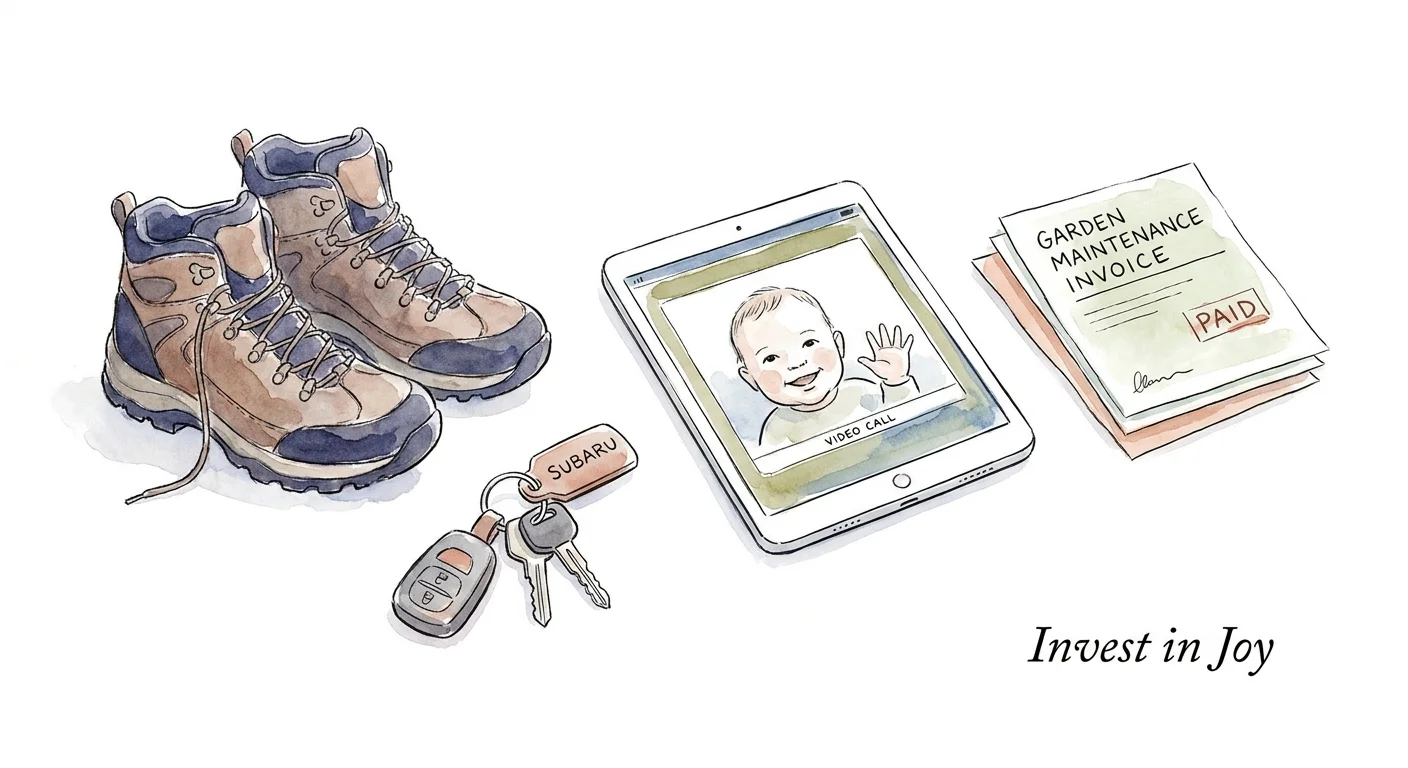 A stylized watercolor drawing of quality items like hiking boots and a tablet for video calls.