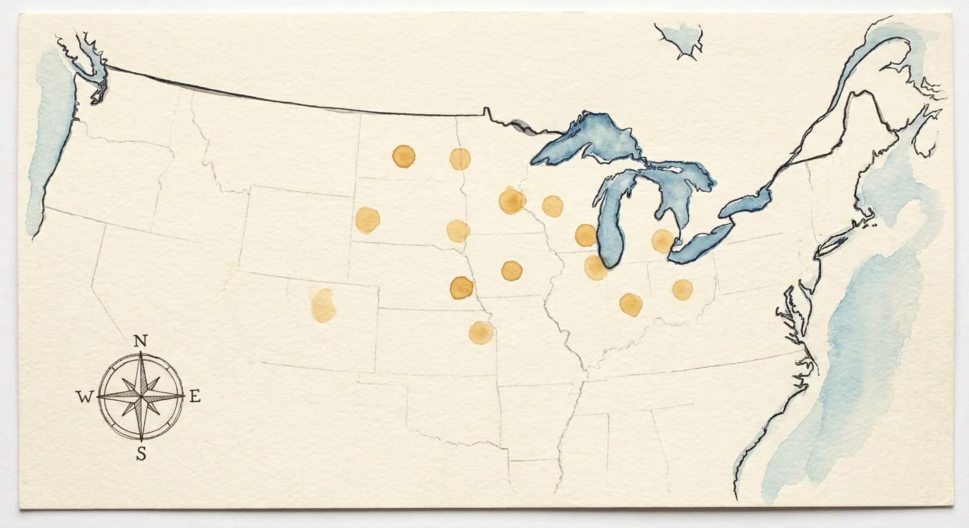 A stylized watercolor map of the northern United States with nine points marking top retirement spots.