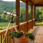 A sunlit porch featuring a telescope, an art easel, a flight bag, and a basket of vegetables, overlooking a green valley.