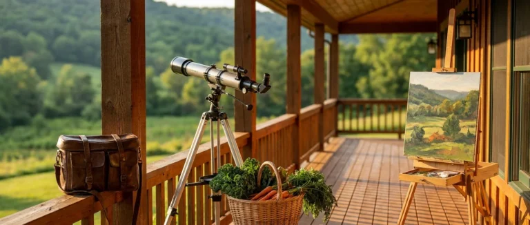 A sunlit porch featuring a telescope, an art easel, a flight bag, and a basket of vegetables, overlooking a green valley.