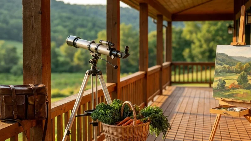 A sunlit porch featuring a telescope, an art easel, a flight bag, and a basket of vegetables, overlooking a green valley.