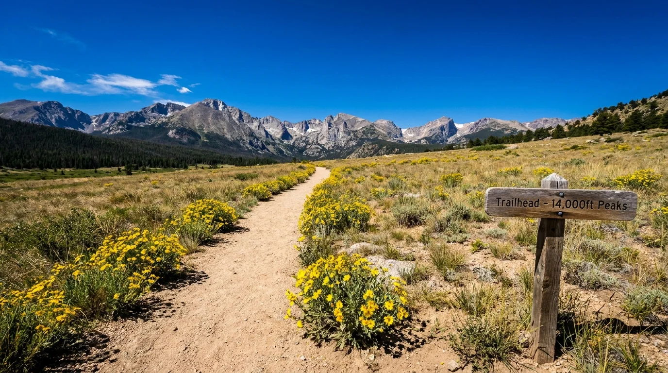 A sunny hiking trail in Colorado leading toward massive snow-capped mountain peaks under a clear blue sky.