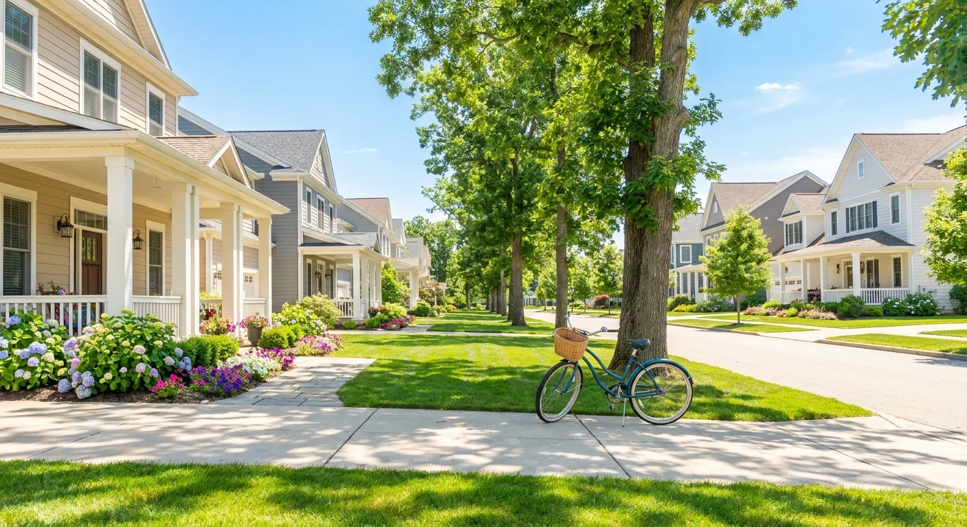 A sunny, peaceful suburban street in Broadview Heights, Ohio, featuring tidy lawns and well-kept homes.