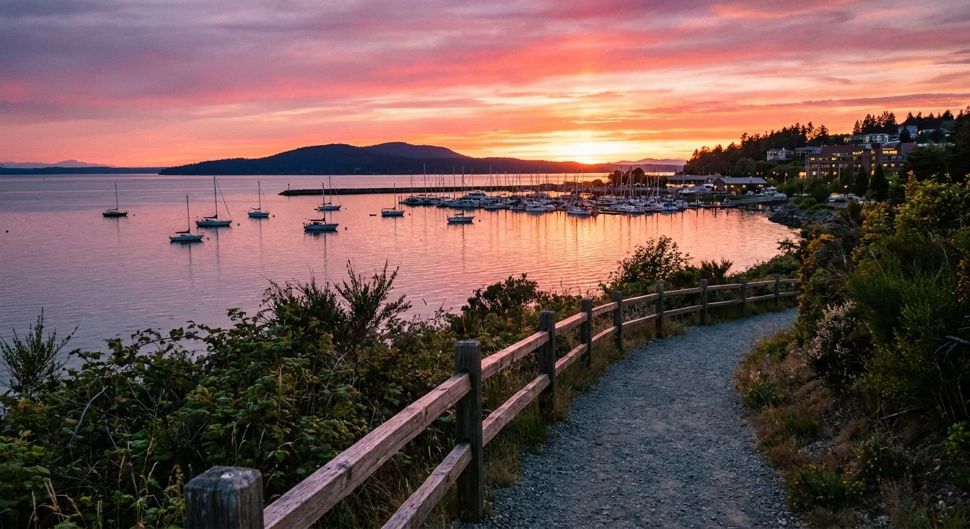 A sunset view of Bellingham Bay from a coastal trail, with sailboats and distant islands.