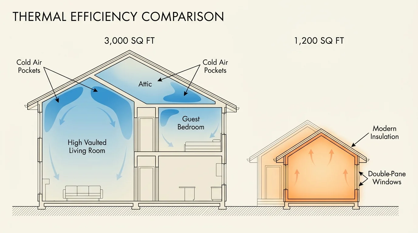A technical diagram comparing the heating efficiency of a 3,000 square foot home versus a 1,200 square foot home.