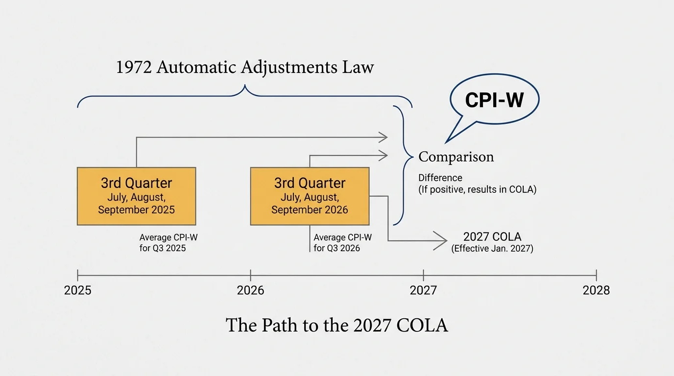 A technical diagram showing how the Social Security Administration compares CPI-W data from the third quarters of 2025 and 2026.