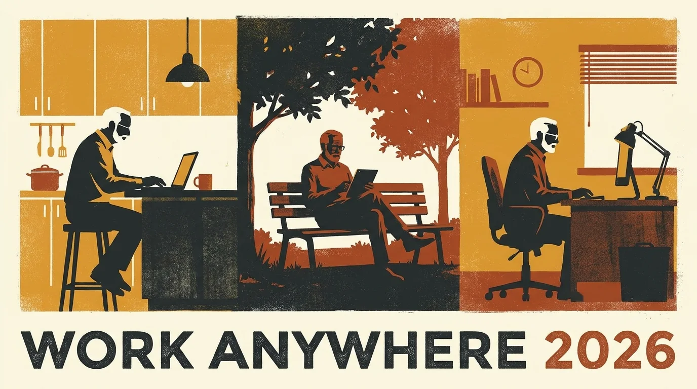 A three-panel illustration showing a retiree working in different flexible locations: kitchen, park, and office.