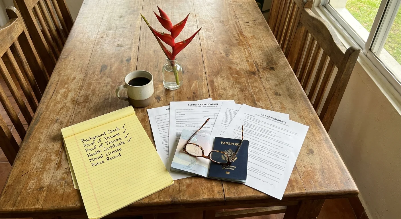 A top-down photo of a desk with a passport, visa application forms, and a checklist for residency requirements.