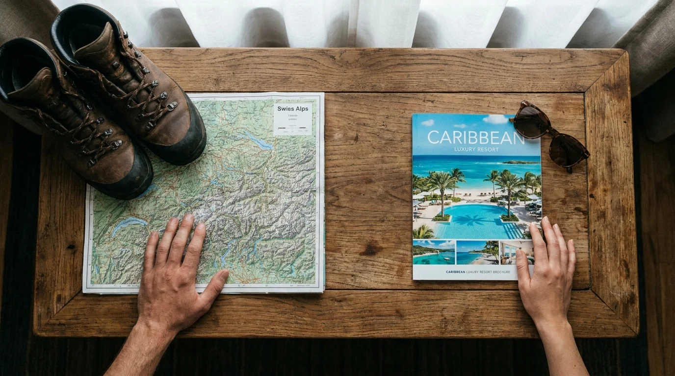 A top-down photo of a table with a hiking map and a luxury cruise brochure, representing conflicting travel goals.