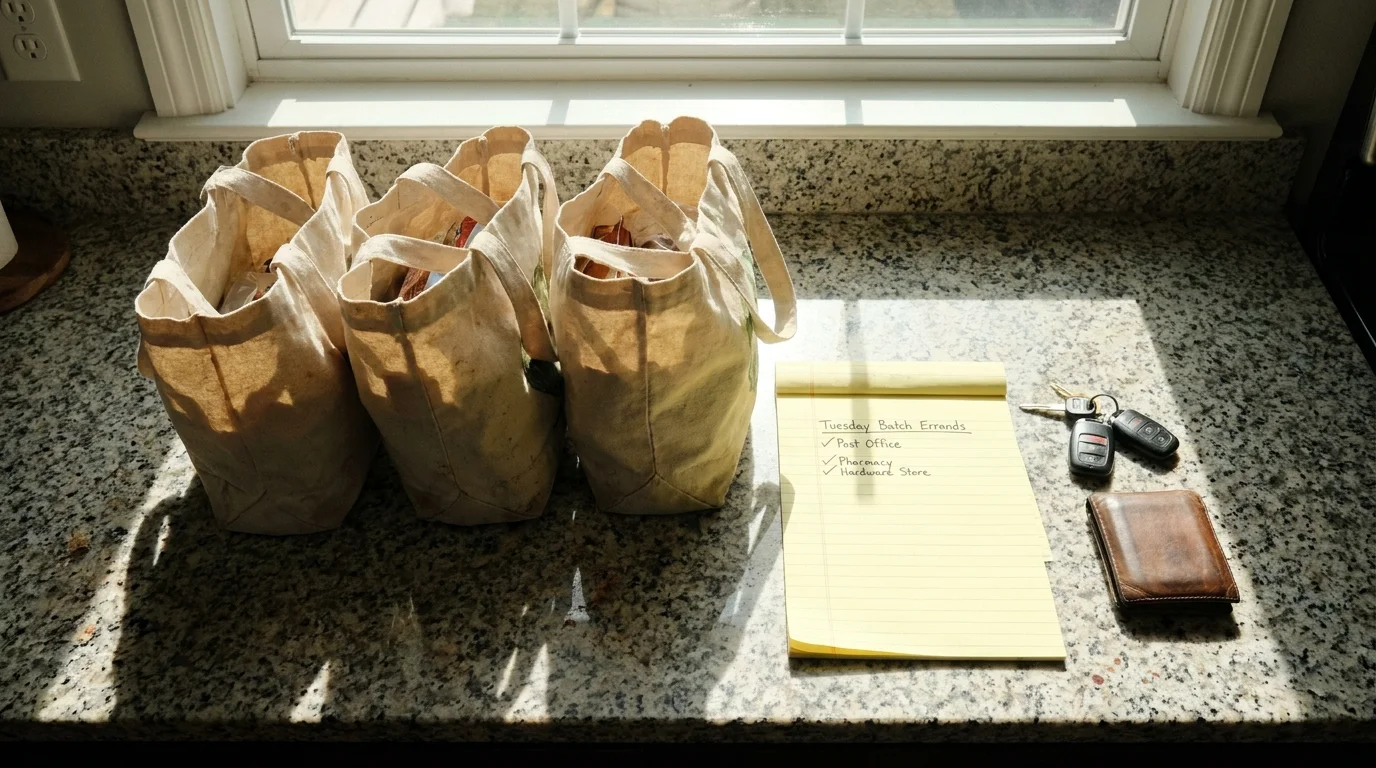 A top-down photo of organized grocery bags and a 'Tuesday Batch Errands' list on a kitchen counter.